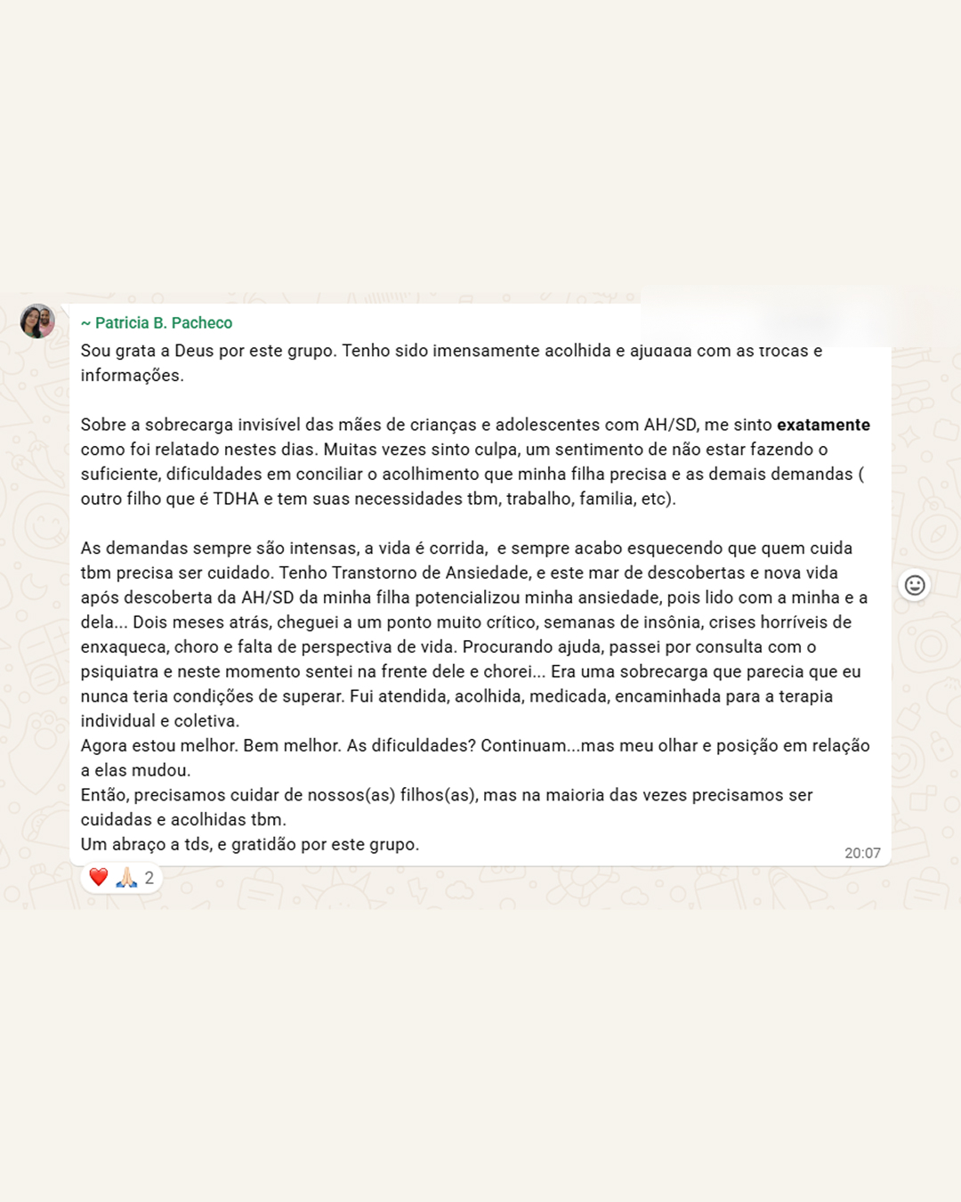 Depoimento 12 de mãe da comunidade Conexão Mãe